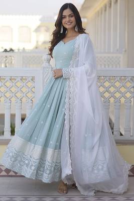 Sky blue colour designer long kurti with dupatta for glamorous girlish looks 1