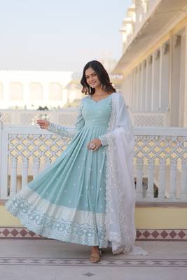 Sky blue colour designer long kurti with dupatta for glamorous girlish looks 2
