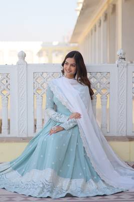 Sky blue colour designer long kurti with dupatta for glamorous girlish looks 3