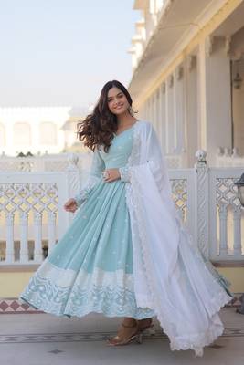 Sky blue colour designer long kurti with dupatta for glamorous girlish looks 4