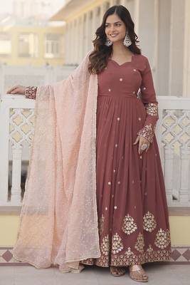 Brown colour designer long kurti with dupatta for glamorous girlish looks 1