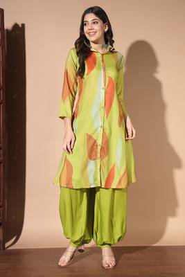 Green colour designer printed kurti with patiyala bottom set 1