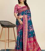 Teal Blue Traditional Banarasi silk blend Saree