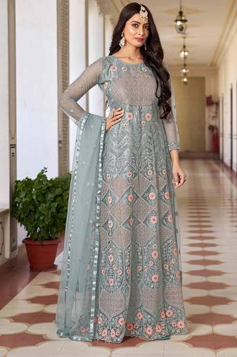 Designer girlish partywear green colour anarkali dress for girls