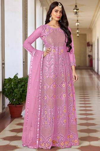 Designer girlish partywear pink colour anarkali dress for girls