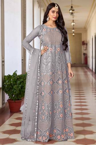 Designer girlish partywear grey colour anarkali dress for girls