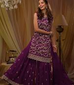 Dark purple embroidered georgette semi sititched ethnic suit