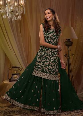 Dark green embroidered georgette semi sititched ethnic suit 1