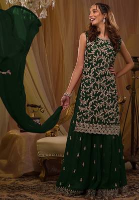 Dark green embroidered georgette semi sititched ethnic suit 2