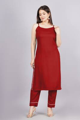 Red colour ethnic solid plain crepe fabric kurti bottom set 1