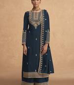 Dark Teal Embroidered Georgette Salwar Suit