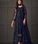 Dark blue embroidered butterfly net ethnic suit
