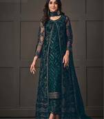 Teal Embroidered Butterfly Net Ethnic Suit