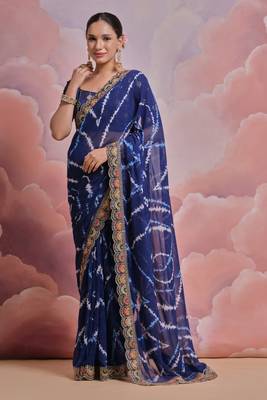 Ethnic Bandhej Printed Smart Embroidered Traditional Blue Saree 1