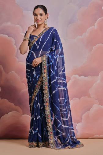 Ethnic Bandhej Printed Smart Embroidered Traditional Blue Saree