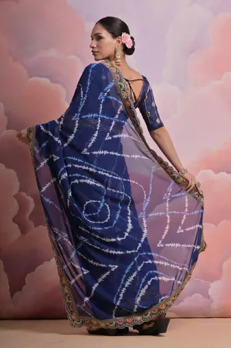 Ethnic Bandhej Printed Smart Embroidered Traditional Blue Saree