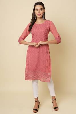 Ethnic pink colour thread chikankari embroidery work smart looking kurti 1