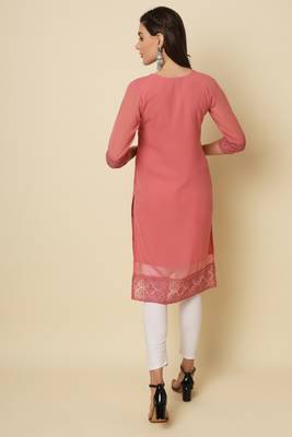 Ethnic pink colour thread chikankari embroidery work smart looking kurti 2