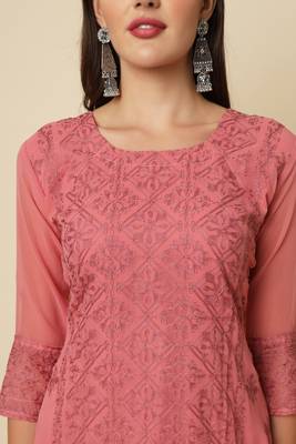 Ethnic pink colour thread chikankari embroidery work smart looking kurti 3