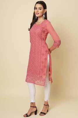 Ethnic pink colour thread chikankari embroidery work smart looking kurti 4