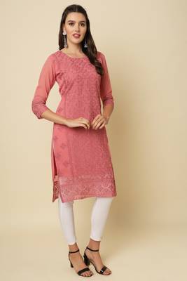 Ethnic pink colour thread chikankari embroidery work smart looking kurti 5