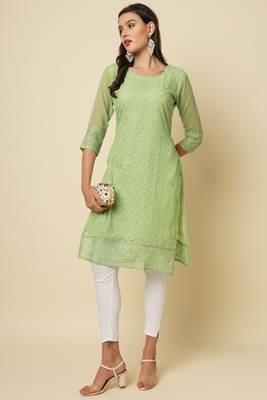 Ethnic pista colour thread chikankari embroidery work smart looking kurti 1