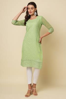 Ethnic pista colour thread chikankari embroidery work smart looking kurti 4