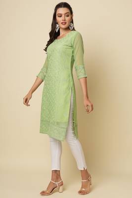 Ethnic pista colour thread chikankari embroidery work smart looking kurti 5