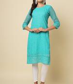 Ethnic sea green colour thread chikankari embroidery work smart looking kurti