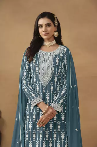 Beautiful and smart rama colour ethnic resham work sharara suit