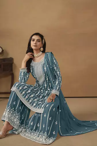Beautiful and smart rama colour ethnic resham work sharara suit