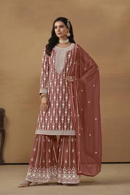 Beautiful and smart brown colour ethnic resham work sharara suit 1
