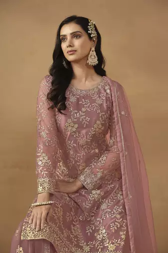 Pink colour fancy sequins work girlish partywear sharara dress