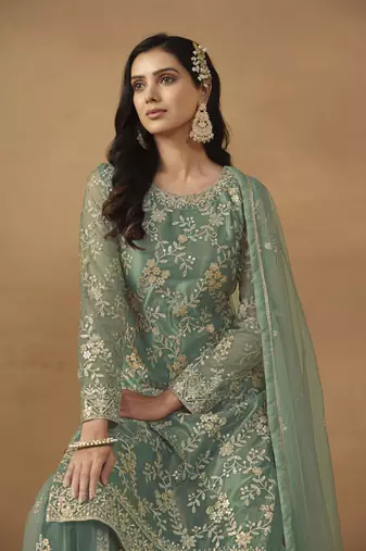 Green colour fancy sequins work girlish partywear sharara dress