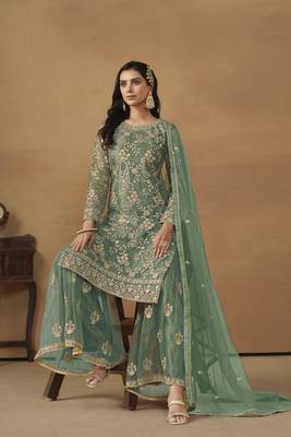 Green colour fancy sequins work girlish partywear sharara dress 3