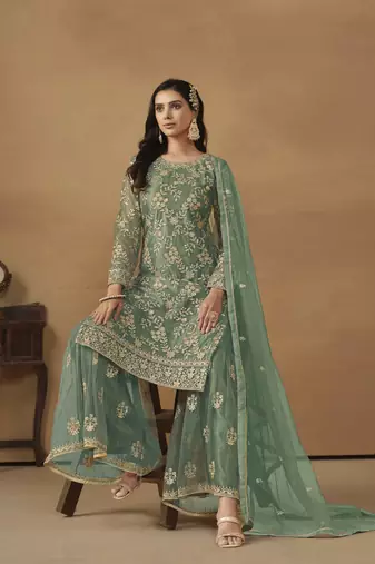 Green colour fancy sequins work girlish partywear sharara dress
