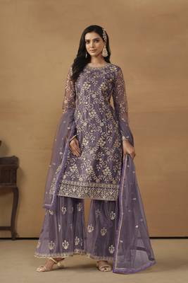 Purple colour fancy sequins work girlish partywear sharara dress 1