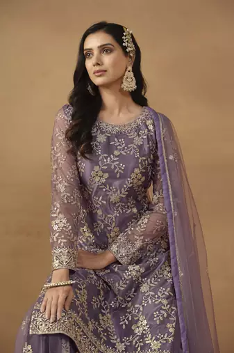 Purple colour fancy sequins work girlish partywear sharara dress