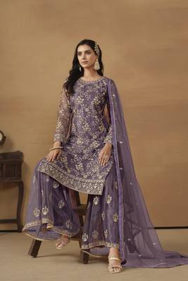 Purple colour fancy sequins work girlish partywear sharara dress 3