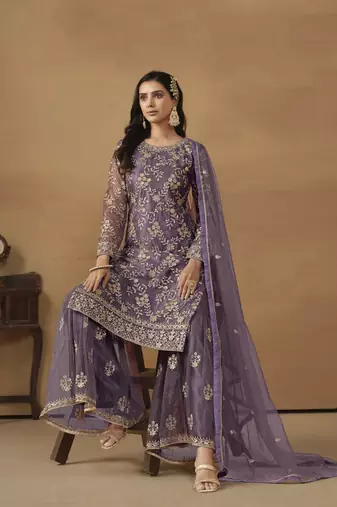 Purple colour fancy sequins work girlish partywear sharara dress