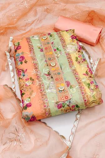 Peach Organza Digital Unstitched Dress Material With Inner