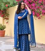 Women's Rayon Gold Print Kurta Sharara with Chiffon Dupatta Set