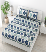 Runjhun 100% cotton blue color floral printed double bedsheet with 2 pillow covers