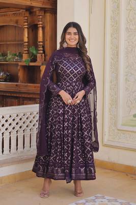 Lucknowi Sequins Work Gown pent and dupatta suit set  3