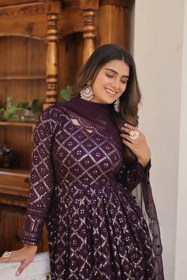 Lucknowi Sequins Work Gown pent and dupatta suit set  4