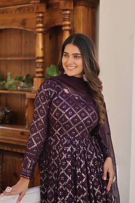 Lucknowi Sequins Work Gown pent and dupatta suit set  5