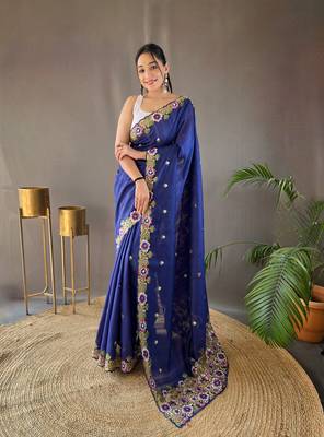 Pure Tussar Silk Blend Saree With Contrast Embroidery  1