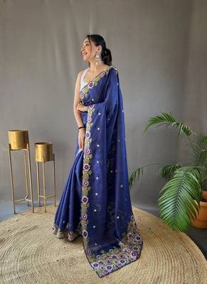 Pure Tussar Silk Blend Saree With Contrast Embroidery  3