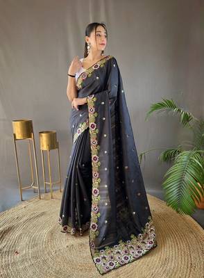 Pure Tussar Silk Blend Saree With Contrast Embroidery  1
