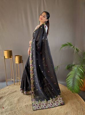 Pure Tussar Silk Blend Saree With Contrast Embroidery  3